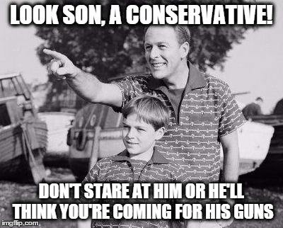 LOOK SON, A CONSERVATIVE! DON'T STARE AT HIM OR HE'LL THINK YOU'RE COMING FOR HIS GUNS | image tagged in look son | made w/ Imgflip meme maker