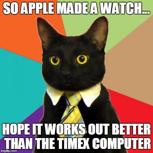 Business Cat | SO APPLE MADE A WATCH... HOPE IT WORKS OUT BETTER THAN THE TIMEX COMPUTER | image tagged in memes,business cat | made w/ Imgflip meme maker