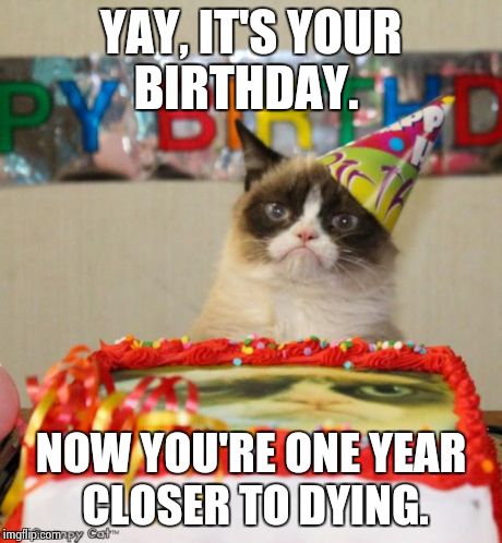 Grumpy Cat Birthday Meme | YAY, IT'S YOUR BIRTHDAY. NOW YOU'RE ONE YEAR CLOSER TO DYING. | image tagged in memes,grumpy cat birthday | made w/ Imgflip meme maker