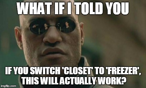 Matrix Morpheus Meme | WHAT IF I TOLD YOU IF YOU SWITCH 'CLOSET' TO 'FREEZER', THIS WILL ACTUALLY WORK? | image tagged in memes,matrix morpheus | made w/ Imgflip meme maker