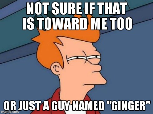 Futurama Fry Meme | NOT SURE IF THAT IS TOWARD ME TOO OR JUST A GUY NAMED "GINGER" | image tagged in memes,futurama fry | made w/ Imgflip meme maker