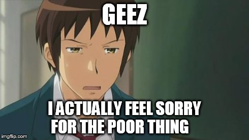 Kyon WTF | GEEZ I ACTUALLY FEEL SORRY FOR THE POOR THING | image tagged in kyon wtf | made w/ Imgflip meme maker