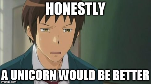 Kyon WTF | HONESTLY A UNICORN WOULD BE BETTER | image tagged in kyon wtf | made w/ Imgflip meme maker