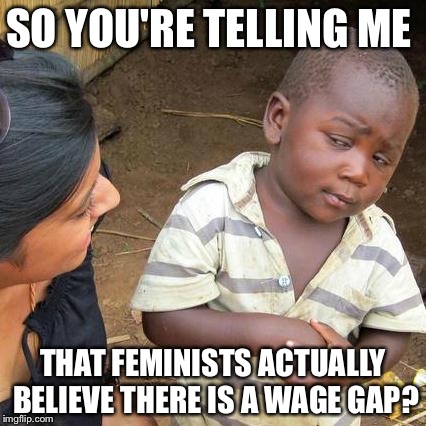 Third World Skeptical Kid Meme | SO YOU'RE TELLING ME THAT FEMINISTS ACTUALLY BELIEVE THERE IS A WAGE GAP? | image tagged in memes,third world skeptical kid | made w/ Imgflip meme maker