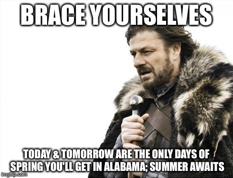 Brace Yourselves X is Coming | BRACE YOURSELVES TODAY & TOMORROW ARE THE ONLY DAYS OF SPRING YOU'LL GET IN ALABAMA; SUMMER AWAITS | image tagged in memes,brace yourselves x is coming | made w/ Imgflip meme maker