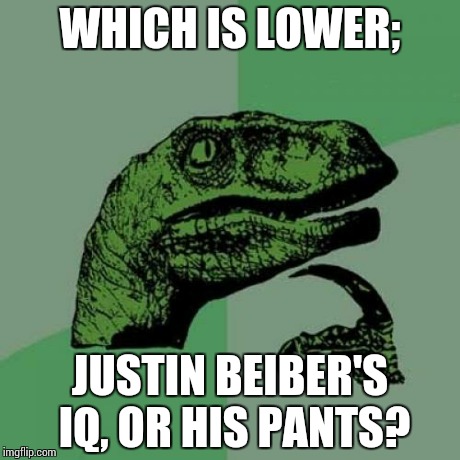 Philosoraptor Meme | WHICH IS LOWER; JUSTIN BEIBER'S IQ, OR HIS PANTS? | image tagged in memes,philosoraptor | made w/ Imgflip meme maker