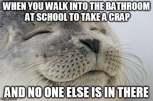 Satisfied Seal | WHEN YOU WALK INTO THE BATHROOM AT SCHOOL TO TAKE A CRAP AND NO ONE ELSE IS IN THERE | image tagged in memes,satisfied seal | made w/ Imgflip meme maker