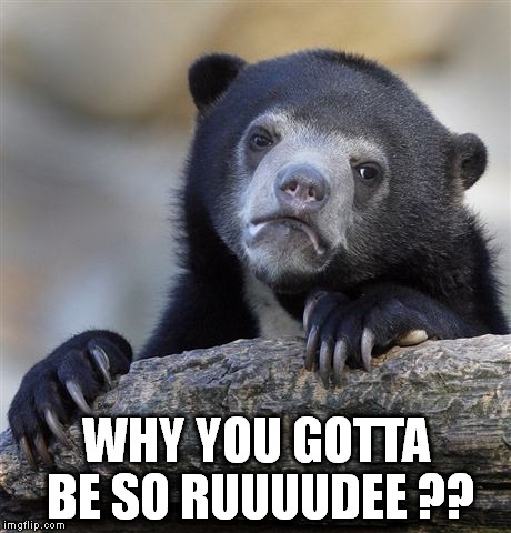 Confession Bear Meme | WHY YOU GOTTA BE SO RUUUUDEE ?? | image tagged in memes,confession bear | made w/ Imgflip meme maker