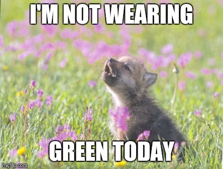 Baby Insanity Wolf Meme | I'M NOT WEARING GREEN TODAY | image tagged in memes,baby insanity wolf,AdviceAnimals | made w/ Imgflip meme maker