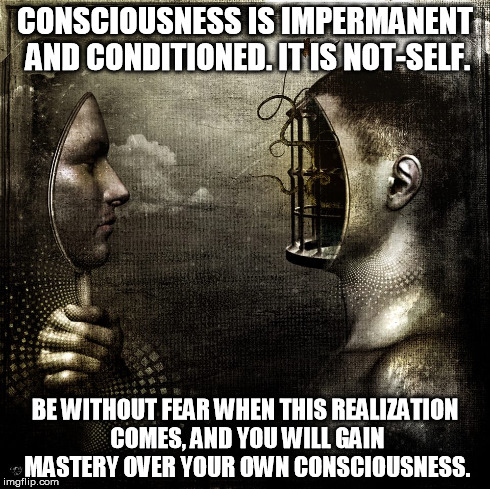 CONSCIOUSNESS IS IMPERMANENT AND CONDITIONED. IT IS NOT-SELF. BE WITHOUT FEAR WHEN THIS REALIZATION COMES, AND YOU WILL GAIN MASTERY OVER YO | image tagged in buddhism,wisdom,spirituality | made w/ Imgflip meme maker