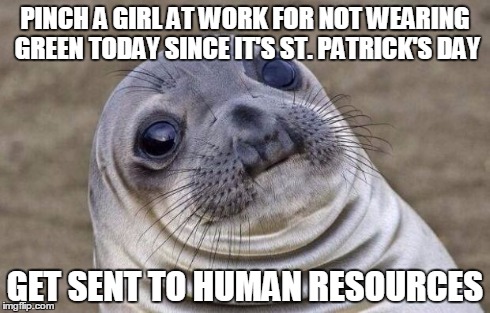 Awkward Moment Sealion Meme | PINCH A GIRL AT WORK FOR NOT WEARING GREEN TODAY SINCE IT'S ST. PATRICK'S DAY GET SENT TO HUMAN RESOURCES | image tagged in memes,awkward moment sealion,AdviceAnimals | made w/ Imgflip meme maker