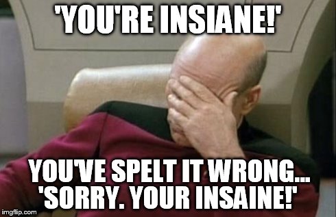 Captain Picard Facepalm | 'YOU'RE INSIANE!' 'SORRY. YOUR INSAINE!' YOU'VE SPELT IT WRONG... | image tagged in memes,captain picard facepalm | made w/ Imgflip meme maker