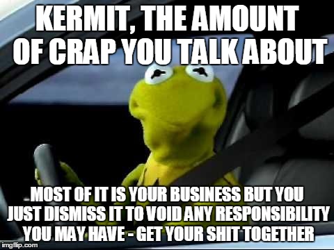 But That's Actually Your Business | KERMIT, THE AMOUNT OF CRAP YOU TALK ABOUT MOST OF IT IS YOUR BUSINESS BUT YOU JUST DISMISS IT TO VOID ANY RESPONSIBILITY YOU MAY HAVE - GET  | image tagged in kermit in car,but thats none of my business,but that actually is your business,gulp,responsibility,get your shit together | made w/ Imgflip meme maker