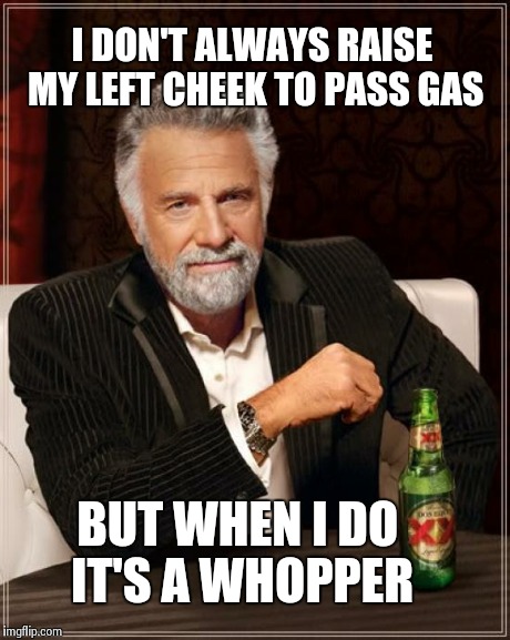 The Most Interesting Man In The World | I DON'T ALWAYS RAISE MY LEFT CHEEK TO PASS GAS BUT WHEN I DO IT'S A WHOPPER | image tagged in memes,the most interesting man in the world | made w/ Imgflip meme maker