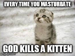 Sad Cat Meme | EVERY TIME YOU MASTURBATE GOD KILLS A KITTEN | image tagged in memes,sad cat | made w/ Imgflip meme maker