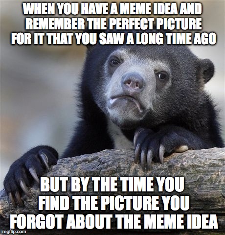 Confession Bear | WHEN YOU HAVE A MEME IDEA AND REMEMBER THE PERFECT PICTURE FOR IT THAT YOU SAW A LONG TIME AGO BUT BY THE TIME YOU FIND THE PICTURE YOU FORG | image tagged in memes,confession bear | made w/ Imgflip meme maker