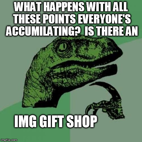 Philosoraptor | WHAT HAPPENS WITH ALL THESE POINTS EVERYONE'S ACCUMILATING?  IS THERE AN IMG GIFT SHOP | image tagged in memes,philosoraptor | made w/ Imgflip meme maker