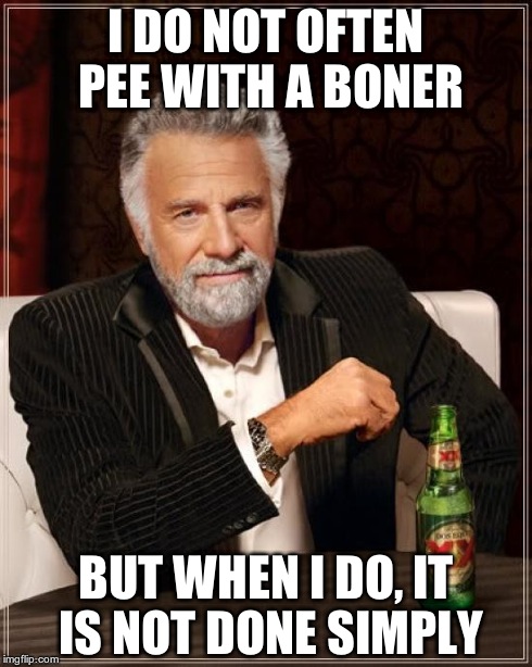 The Most Interesting Man In The World Meme | I DO NOT OFTEN PEE WITH A BONER BUT WHEN I DO, IT IS NOT DONE SIMPLY | image tagged in memes,the most interesting man in the world | made w/ Imgflip meme maker