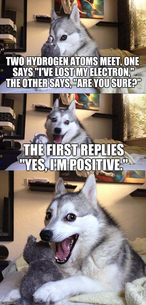 Bad Pun Dog | TWO HYDROGEN ATOMS MEET. ONE SAYS "I'VE LOST MY ELECTRON," THE OTHER SAYS, "ARE YOU SURE?" THE FIRST REPLIES "YES, I'M POSITIVE." | image tagged in memes,bad pun dog | made w/ Imgflip meme maker