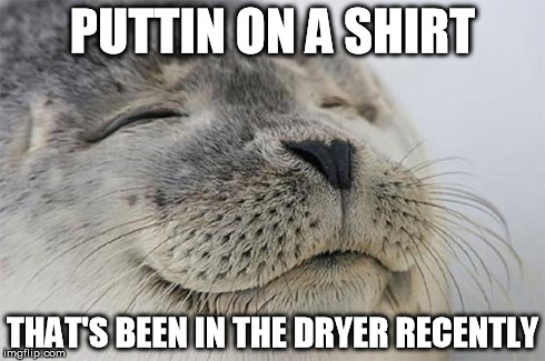 Satisfied Seal | PUTTIN ON A SHIRT THAT'S BEEN IN THE DRYER RECENTLY | image tagged in memes,satisfied seal,AdviceAnimals | made w/ Imgflip meme maker