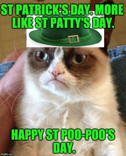 Grumpy Cat Meme | ST PATRICK'S DAY. MORE LIKE ST PATTY'S DAY. HAPPY ST POO-POO'S DAY. | image tagged in memes,grumpy cat | made w/ Imgflip meme maker