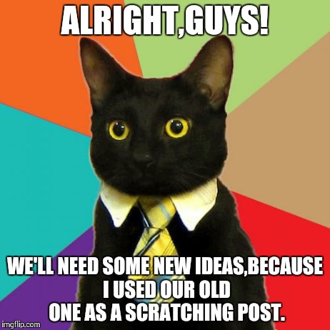 Business Cat Meme | ALRIGHT,GUYS! WE'LL NEED SOME NEW IDEAS,BECAUSE I USED OUR OLD ONE AS A SCRATCHING POST. | image tagged in memes,business cat | made w/ Imgflip meme maker
