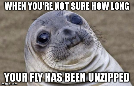 Awkward Moment Sealion Meme | WHEN YOU'RE NOT SURE HOW LONG YOUR FLY HAS BEEN UNZIPPED | image tagged in memes,awkward moment sealion | made w/ Imgflip meme maker