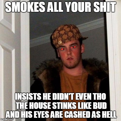 Scumbag Steve Meme | SMOKES ALL YOUR SHIT INSISTS HE DIDN'T EVEN THO THE HOUSE STINKS LIKE BUD AND HIS EYES ARE CASHED AS HELL | image tagged in memes,scumbag steve | made w/ Imgflip meme maker