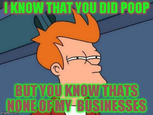Futurama Fry | I KNOW THAT YOU DID POOP BUT YOU KNOW THATS NONE OF MY  BUSINESSES | image tagged in memes,futurama fry | made w/ Imgflip meme maker