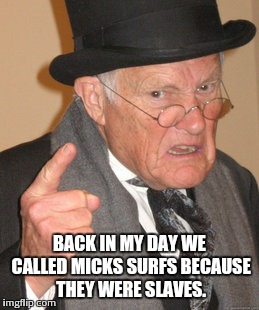 Back In My Day Meme | BACK IN MY DAY WE CALLED MICKS SURFS BECAUSE THEY WERE SLAVES. | image tagged in memes,back in my day | made w/ Imgflip meme maker