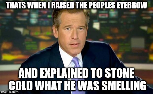 Brian Williams Was There Meme | THATS WHEN I RAISED THE PEOPLES EYEBROW AND EXPLAINED TO STONE COLD WHAT HE WAS SMELLING | image tagged in memes,brian williams was there | made w/ Imgflip meme maker