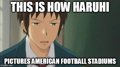 Kyon WTF | THIS IS HOW HARUHI PICTURES AMERICAN FOOTBALL STADIUMS | image tagged in kyon wtf | made w/ Imgflip meme maker