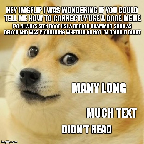 most images the name as well as the movies they came from, tells you how to use the meme,  | HEY IMGFLIP I WAS WONDERING IF YOU COULD TELL ME HOW TO CORRECTLY USE A DOGE MEME I'VE ALWAYS SEEN DOGE USE A BROKEN GRAMMAR  SUCH AS BELOW  | image tagged in memes,doge,imgflip,text,grammar,doggie | made w/ Imgflip meme maker