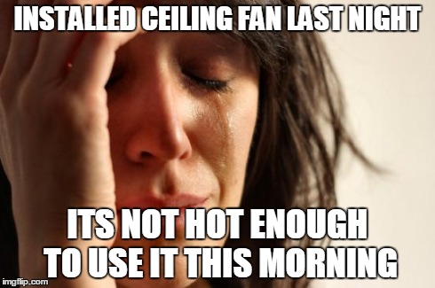 First World Problems Meme | INSTALLED CEILING FAN LAST NIGHT ITS NOT HOT ENOUGH TO USE IT THIS MORNING | image tagged in memes,first world problems | made w/ Imgflip meme maker
