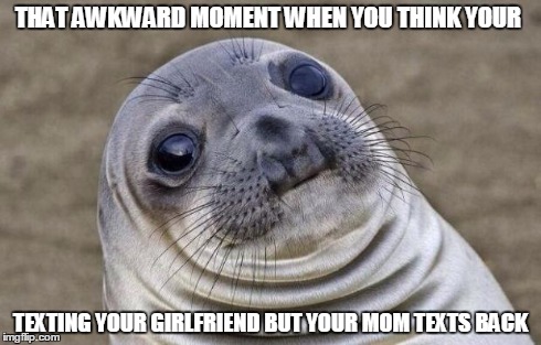 Awkward Moment Sealion | THAT AWKWARD MOMENT WHEN YOU THINK YOUR TEXTING YOUR GIRLFRIEND BUT YOUR MOM TEXTS BACK | image tagged in memes,awkward moment sealion | made w/ Imgflip meme maker