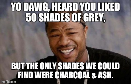 Yo Dawg Heard You | YO DAWG, HEARD YOU LIKED 50 SHADES OF GREY, BUT THE ONLY SHADES WE COULD FIND WERE CHARCOAL & ASH. | image tagged in memes,yo dawg heard you | made w/ Imgflip meme maker
