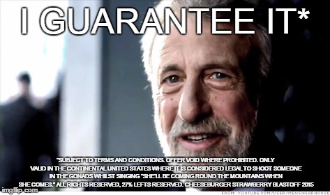 I Guarantee It | I GUARANTEE IT* *SUBJECT TO TERMS AND CONDITIONS. OFFER VOID WHERE PROHIBITED. ONLY VALID IN THE CONTINENTAL UNITED STATES WHERE IT IS CONSI | image tagged in memes,i guarantee it | made w/ Imgflip meme maker