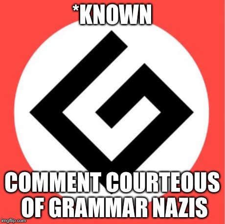 Grammar nazi | *KNOWN COMMENT COURTEOUS OF GRAMMAR NAZIS | image tagged in grammar nazi | made w/ Imgflip meme maker