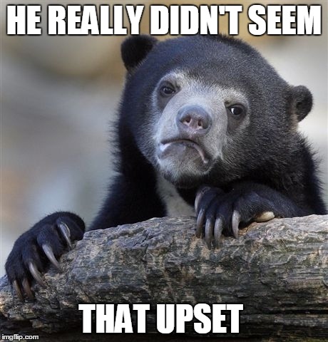 Confession Bear Meme | HE REALLY DIDN'T SEEM THAT UPSET | image tagged in memes,confession bear | made w/ Imgflip meme maker