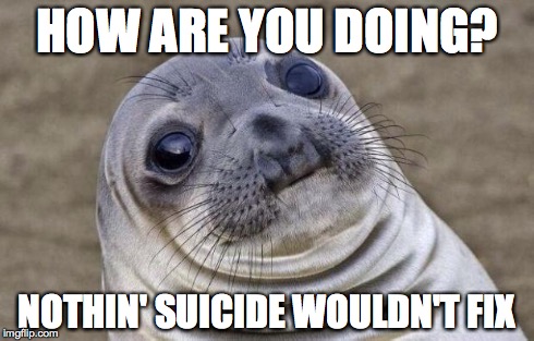Awkward Moment Sealion Meme | HOW ARE YOU DOING? NOTHIN' SUICIDE WOULDN'T FIX | image tagged in memes,awkward moment sealion,AdviceAnimals | made w/ Imgflip meme maker