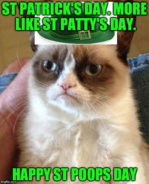 Grumpy Cat Meme | ST PATRICK'S DAY. MORE LIKE ST PATTY'S DAY. HAPPY ST POOPS DAY | image tagged in memes,grumpy cat | made w/ Imgflip meme maker