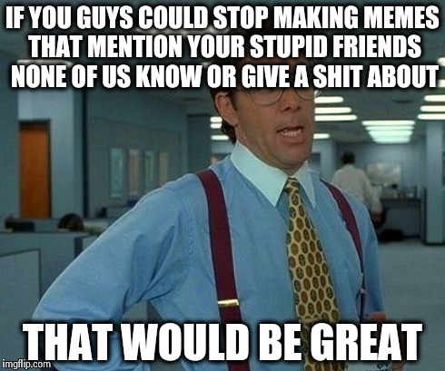 That Would Be Great | IF YOU GUYS COULD STOP MAKING MEMES THAT MENTION YOUR STUPID FRIENDS NONE OF US KNOW OR GIVE A SHIT ABOUT THAT WOULD BE GREAT | image tagged in memes,that would be great | made w/ Imgflip meme maker