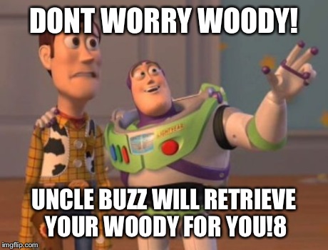 X, X Everywhere | DONT WORRY WOODY! UNCLE BUZZ WILL RETRIEVE YOUR WOODY FOR YOU!8 | image tagged in memes,x x everywhere | made w/ Imgflip meme maker