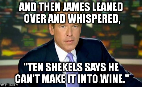 The first bet Brian Williams ever made. | AND THEN JAMES LEANED OVER AND WHISPERED, "TEN SHEKELS SAYS HE CAN'T MAKE IT INTO WINE." | image tagged in memes,brian williams was there | made w/ Imgflip meme maker