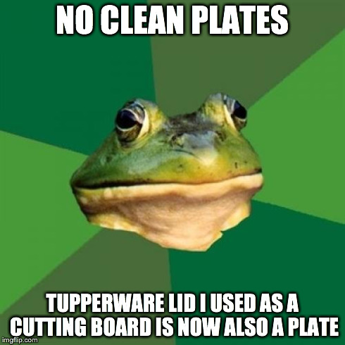 Foul Bachelor Frog Meme | NO CLEAN PLATES TUPPERWARE LID I USED AS A CUTTING BOARD IS NOW ALSO A PLATE | image tagged in memes,foul bachelor frog | made w/ Imgflip meme maker