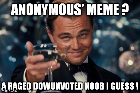 Leonardo Dicaprio Cheers Meme | ANONYMOUS' MEME ? A RAGED DOWUNVOTED N00B I GUESS ! | image tagged in memes,leonardo dicaprio cheers | made w/ Imgflip meme maker