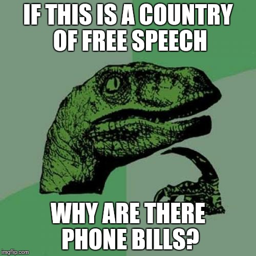 Philosoraptor | IF THIS IS A COUNTRY OF FREE SPEECH WHY ARE THERE PHONE BILLS? | image tagged in memes,philosoraptor | made w/ Imgflip meme maker