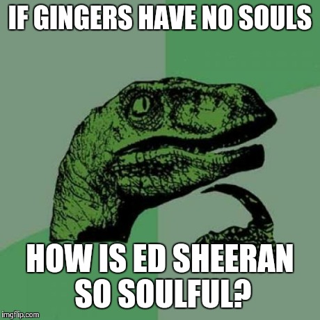 Ginger Philosophy | IF GINGERS HAVE NO SOULS HOW IS ED SHEERAN SO SOULFUL? | image tagged in memes,philosoraptor | made w/ Imgflip meme maker