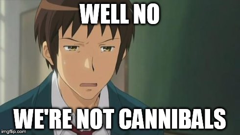 Kyon WTF | WELL NO WE'RE NOT CANNIBALS | image tagged in kyon wtf | made w/ Imgflip meme maker