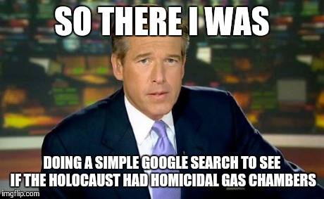 Brian Williams Was There Meme | SO THERE I WAS DOING A SIMPLE GOOGLE SEARCH TO SEE IF THE HOLOCAUST HAD HOMICIDAL GAS CHAMBERS | image tagged in memes,brian williams was there | made w/ Imgflip meme maker